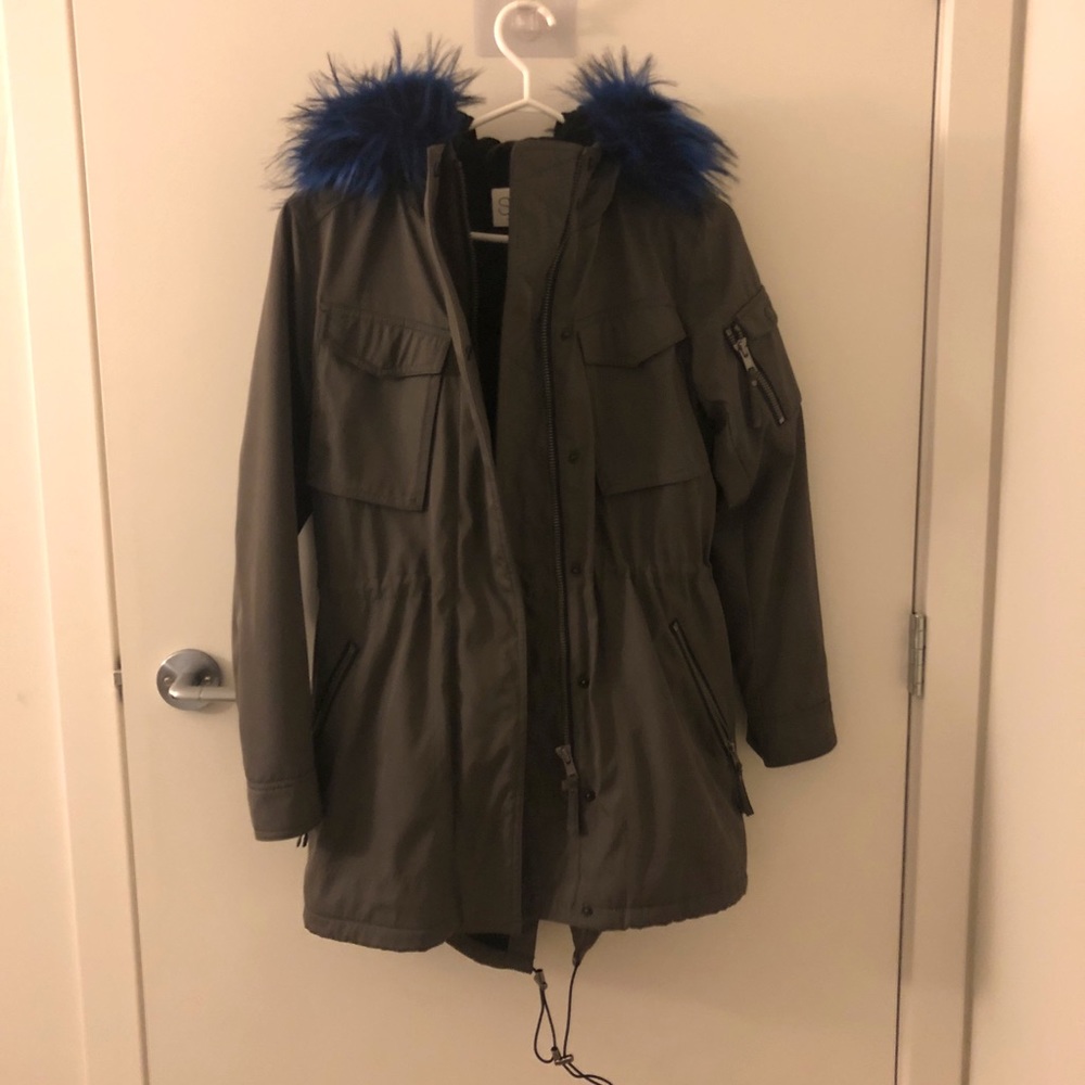 S13 Army green parka electric blue faux fur hood